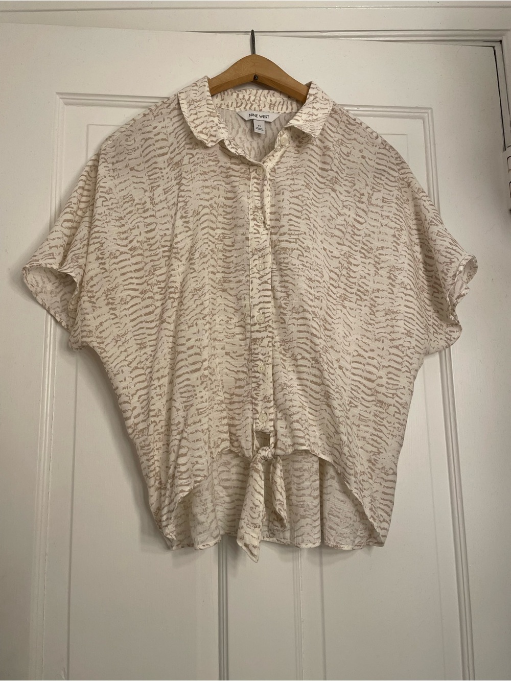 Nine West Cream Printed Tie-Front Button Down Top